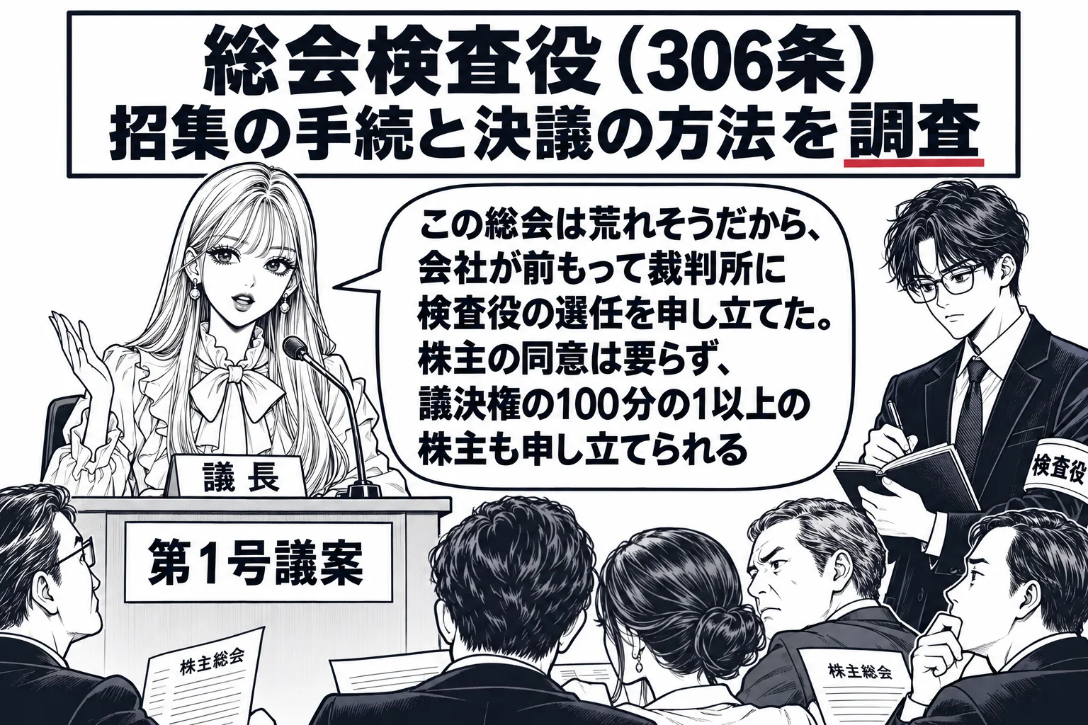 株主総会の会場の場面。先生が議長役（札「議長」）で演台に立ち、客席の端に腕章「検査役」を付けた男性が立って手帳に記録している。演台の前の札「第1号議案」。壁の看板「総会検査役（306条）　招集の手続と決議の方法を調査」の「調査」に深紅の下線