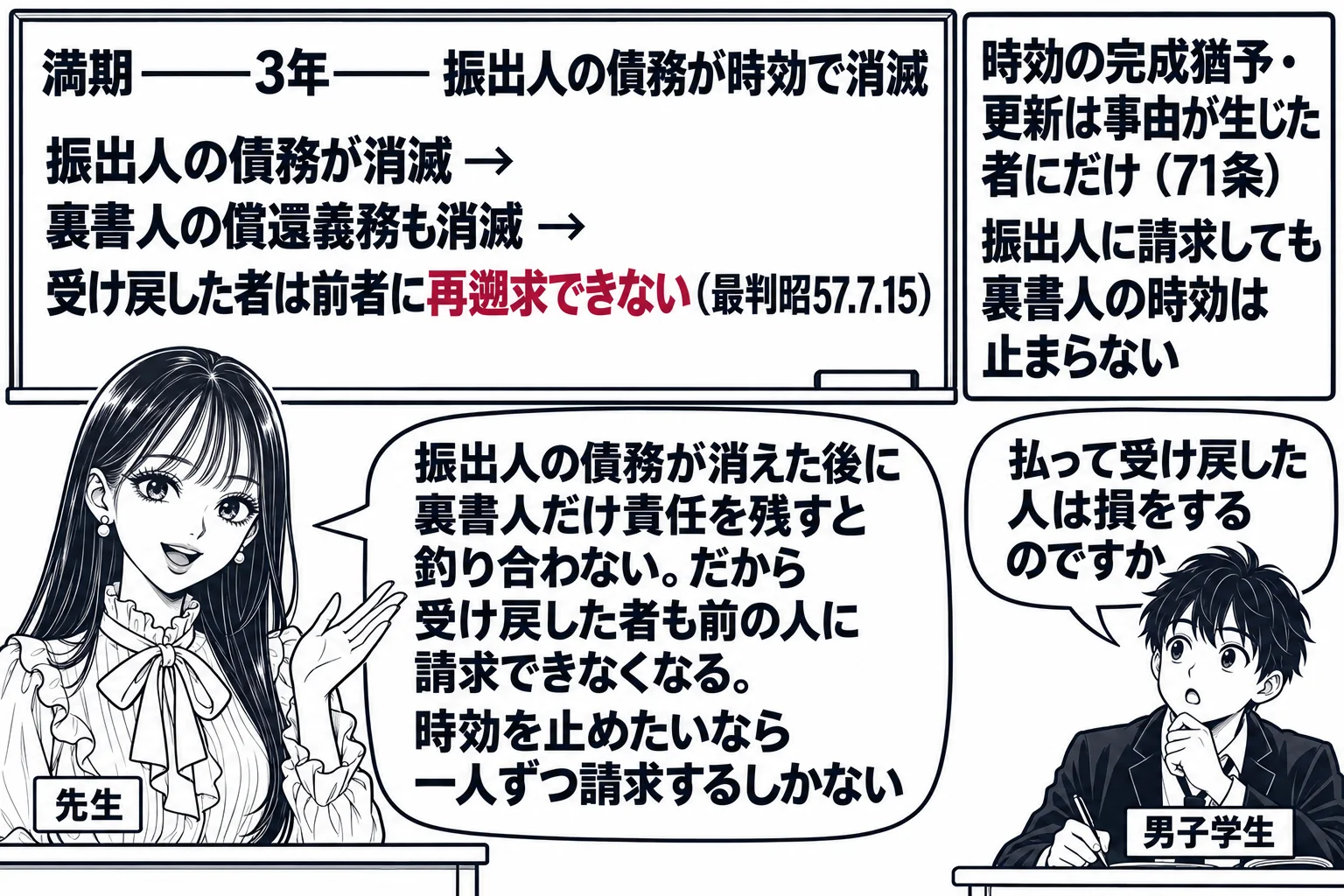 教室の場面。先生が教壇に立ち、黒板に時間軸の板書「満期 ───3年─── 振出人の債務が時効で消滅」。その下に「振出人の債務が消滅 → 裏書人の償還義務も消滅 → 受け戻した者は前者に再遡求できない（最判昭57.7.15）」。横に「時効の完