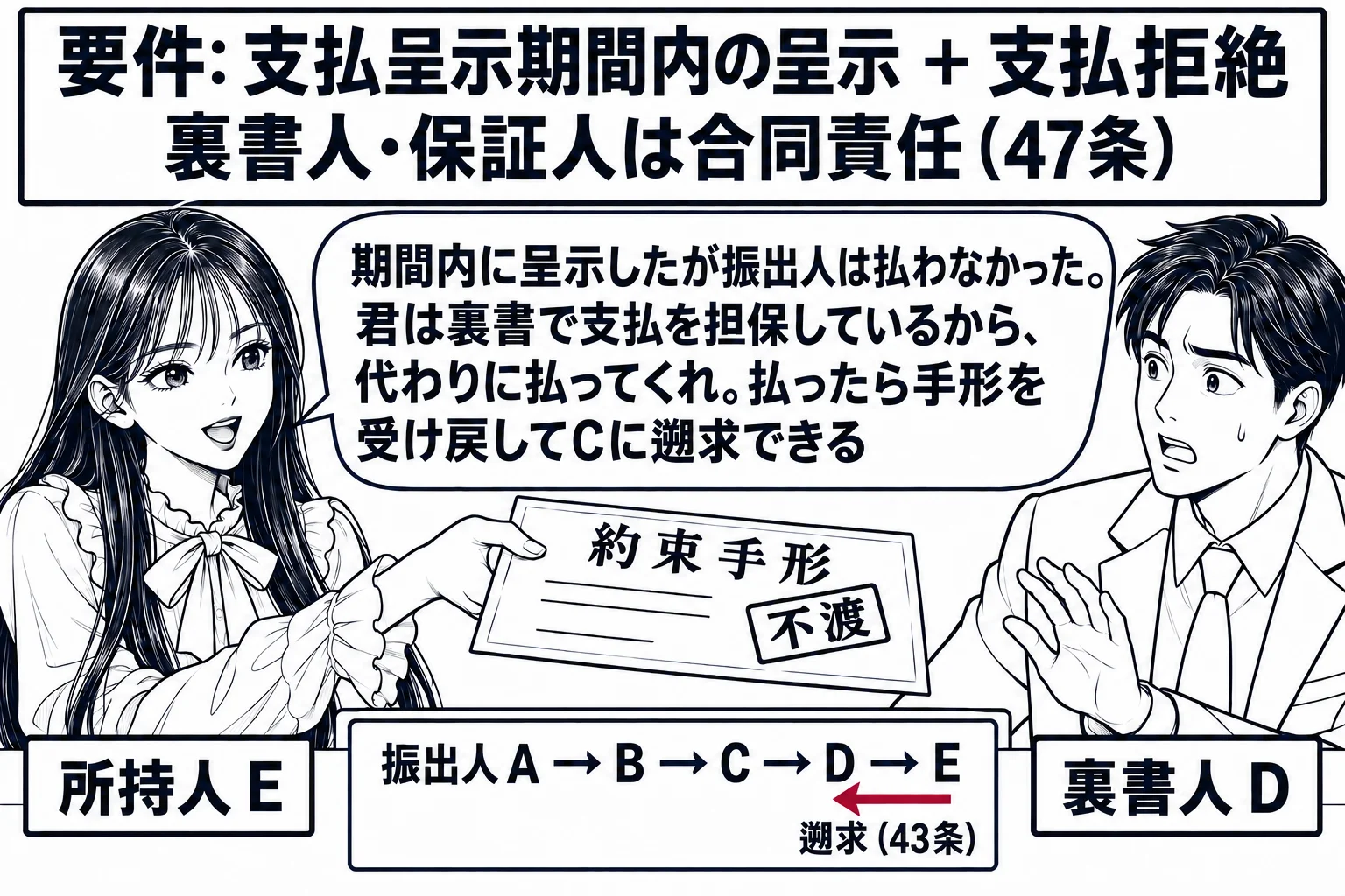 取引先の事務所の場面。先生が所持人役（札「所持人 E」）で、「不渡」の印が押された約束手形を手に、机の向こうの男性（札「裏書人 D」）に差し出している。手形の横に小さな図「振出人 A → B → C → D → E」で、EからDへ向かう矢印