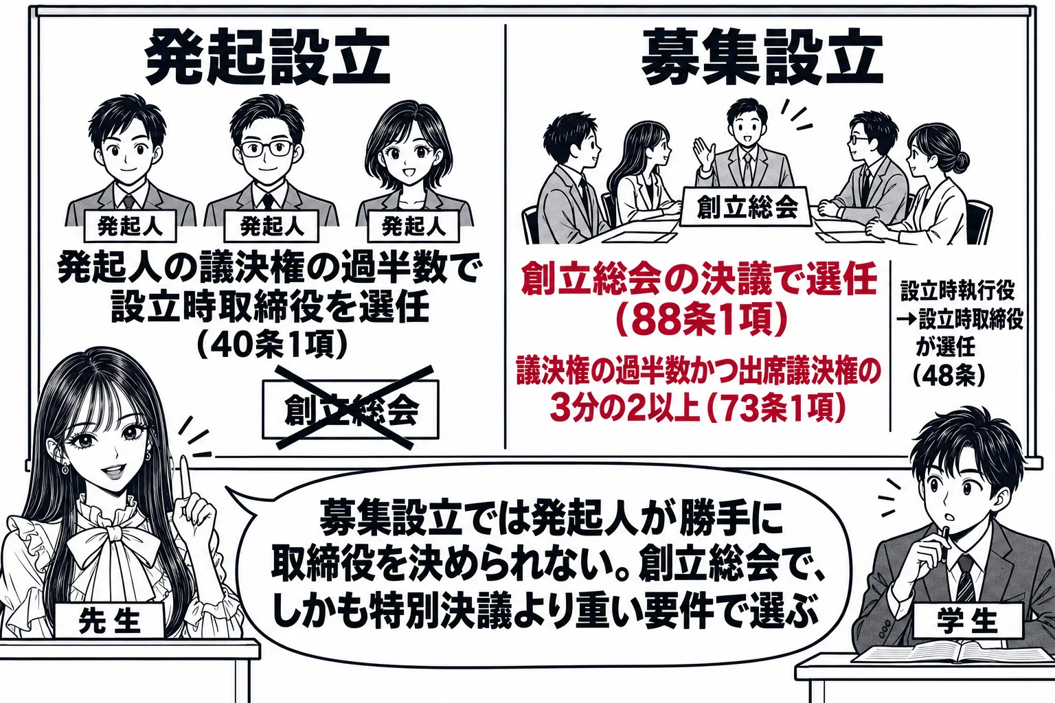 教室の場面。先生が教壇に立ち、黒板を左右に割る。左の見出し「発起設立」の下に、発起人3人の絵と「発起人の議決権の過半数で設立時取締役を選任（40条1項）」、創立総会の文字に黒の×印。右の見出し「募集設立」の下に、会議室の絵と深紅の文字「創立