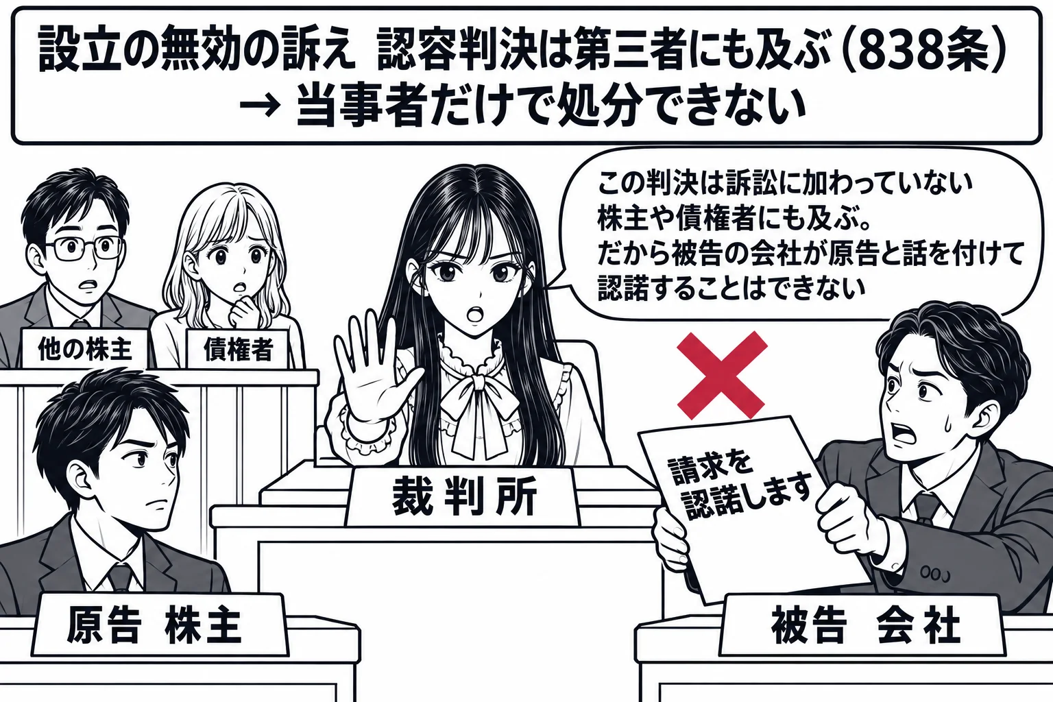 法廷の場面。先生が裁判官役（札「裁判所」）で法壇に座る。被告席の男性社長（札「被告　会社」）が書面「請求を認諾します」を差し出し、先生がその書面に手のひらを向けて止めている。書面の上に深紅の×印。原告席に男性株主（札「原告　株主」）。傍聴席