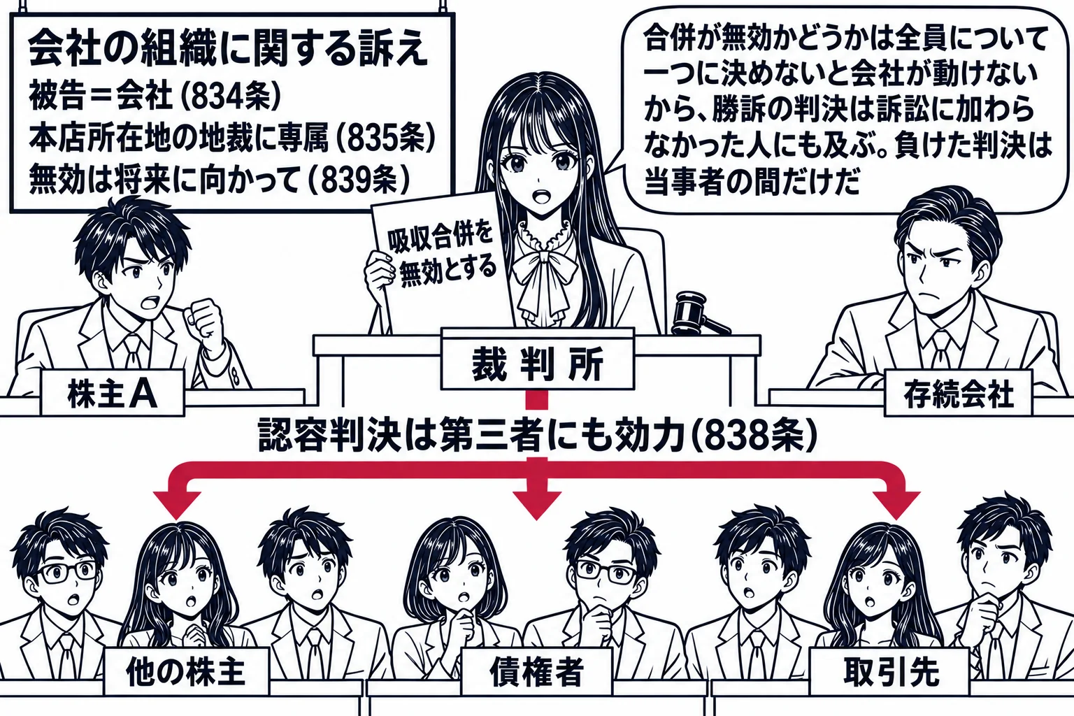 法廷の場面。先生が裁判官役（札「裁判所」）で法壇に座り、判決書「吸収合併を無効とする」を掲げる。原告席に男性株主（札「株主A」）、被告席に男性社長（札「存続会社」）。傍聴席に男女の人物が数人並び、それぞれ札「他の株主」「債権者」「取引先」。