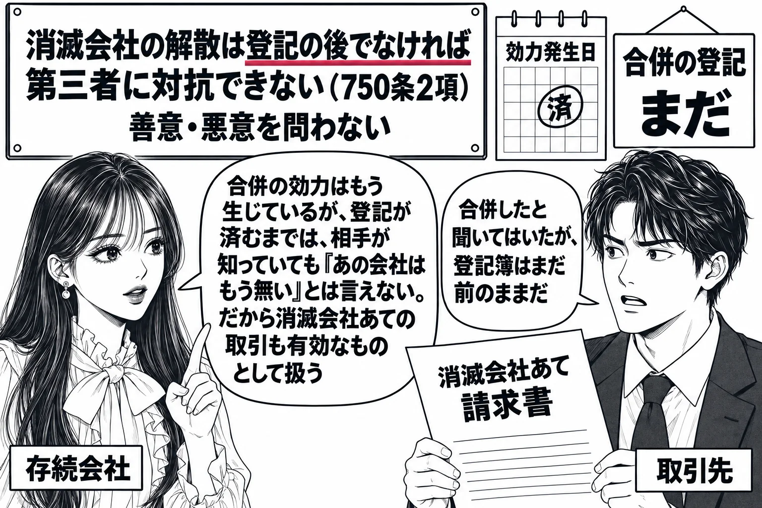 取引先の事務所の場面。先生が存続会社の担当者役（札「存続会社」）で立ち、向かいに男性の取引先（札「取引先」）が書類「消滅会社あて　請求書」を持っている。カレンダーに「効力発生日　済」の印、その横に「合併の登記　まだ」。壁の板書「消滅会社の解