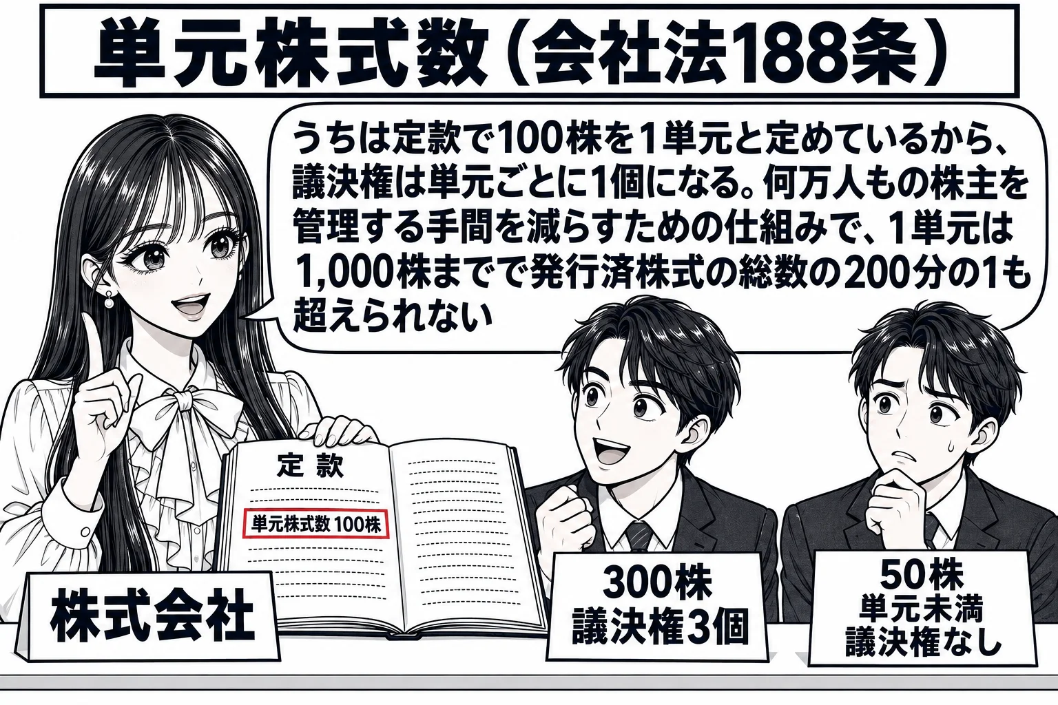 株主総会の受付の場面。先生が会社の受付係役（札「株式会社」）でカウンターに座り、カウンターの上に定款が開かれ「単元株式数 100株」の行が見え、その行を深紅の枠で囲む。向かいに男性株主が2人並び、左の株主の札「300株　議決権3個」、右の株