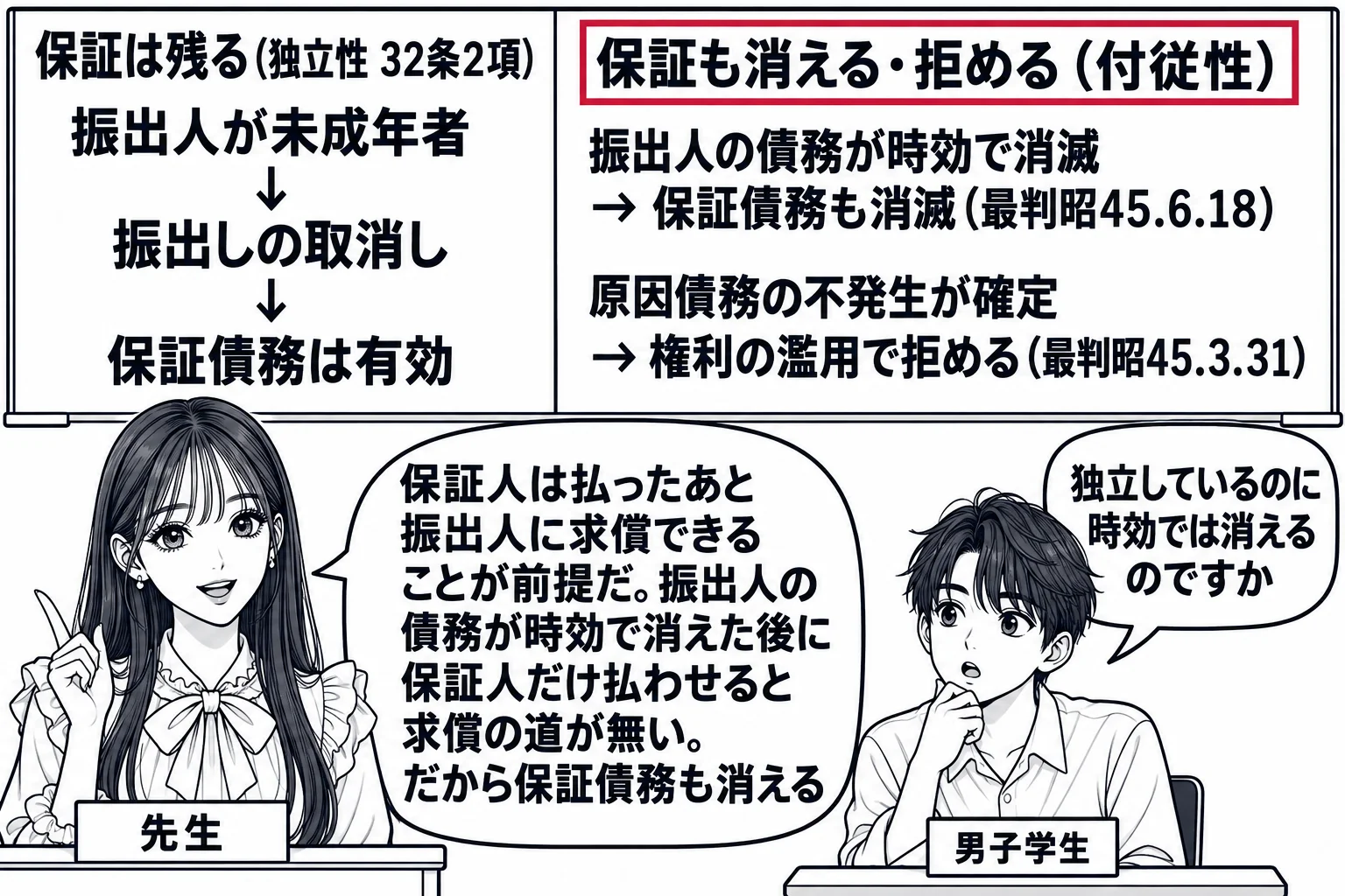 教室の場面。先生が教壇に立ち、黒板を左右に割った板書。左「保証は残る（独立性 32条2項）」の下に「振出人が未成年者 → 振出しの取消し → 保証債務は有効」。右「保証も消える・拒める（付従性）」の下に「振出人の債務が時効で消滅 → 保証債