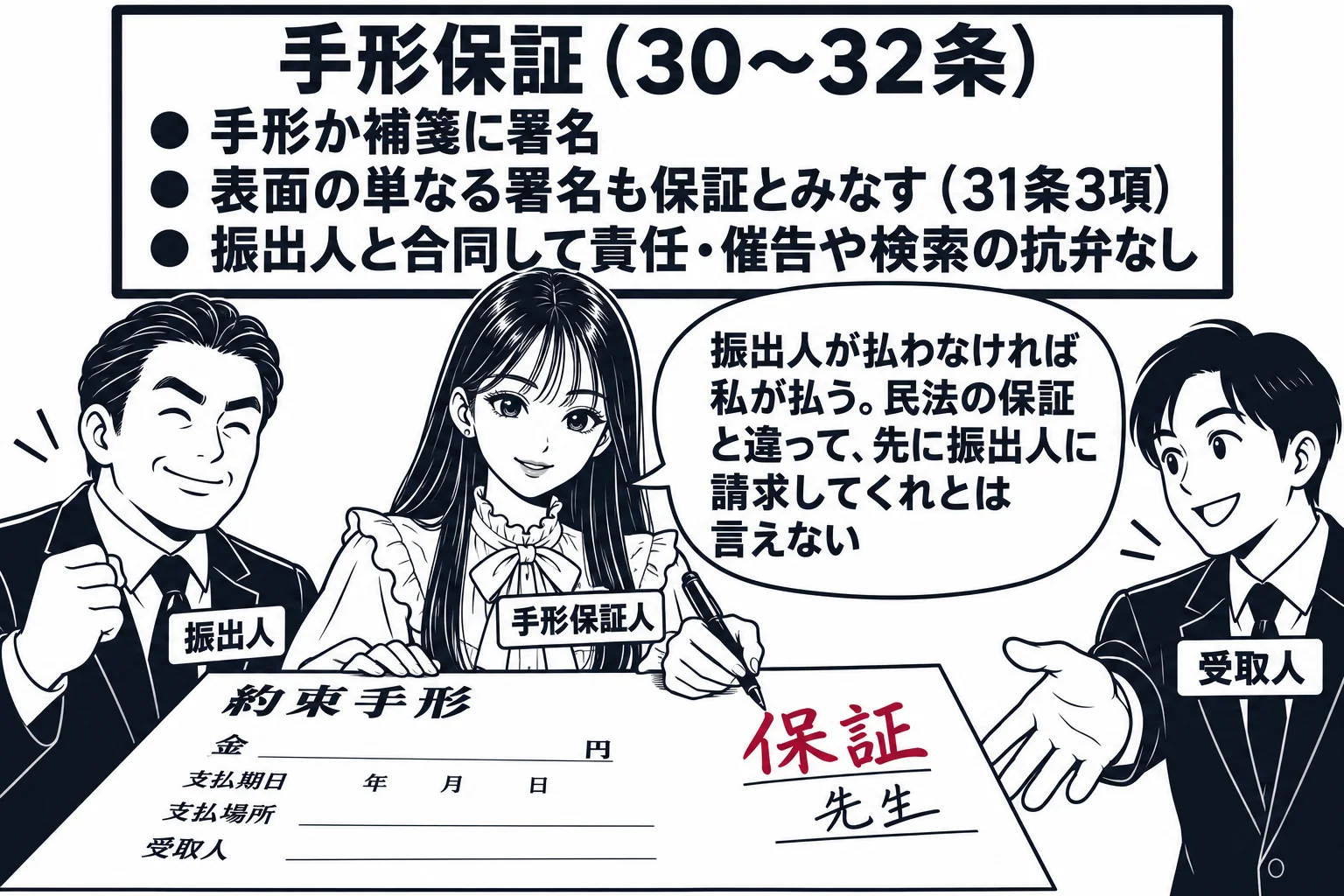 取引先の事務所の場面。先生が手形保証人役（札「手形保証人」）で、約束手形の表面の余白に「保証」と書いて署名している。隣に立つ男性社長（札「振出人」）、向かいで手形を受け取ろうとする男性（札「受取人」）。壁の板書「手形保証（30〜32条）　手