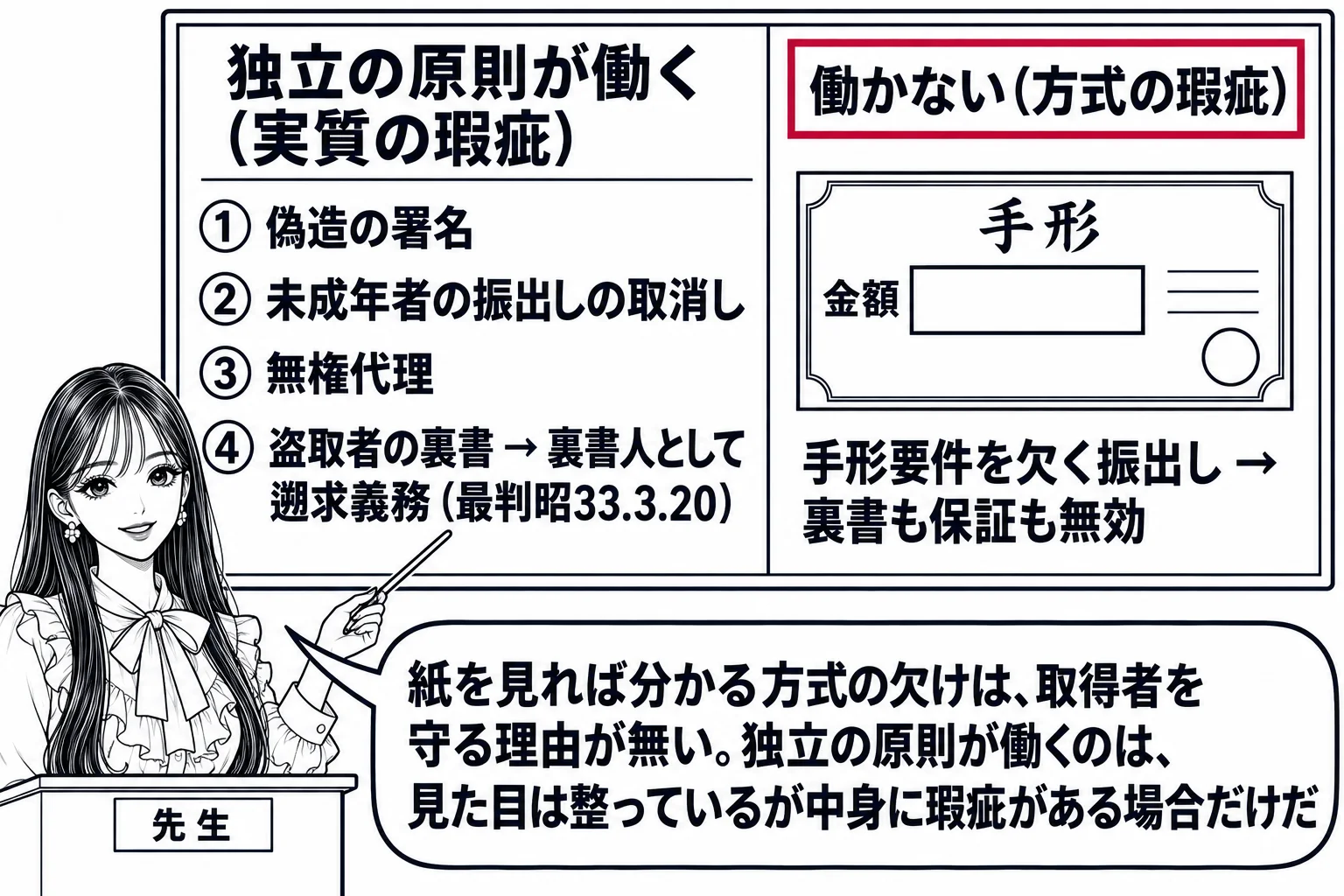 教室の場面。先生が教壇に立ち、黒板を左右に割った板書。左「独立の原則が働く（実質の瑕疵）」の下に「偽造の署名」「未成年者の振出しの取消し」「無権代理」「盗取者の裏書 → 裏書人として遡求義務（最判昭33.3.20）」。右「働かない（方式の瑕