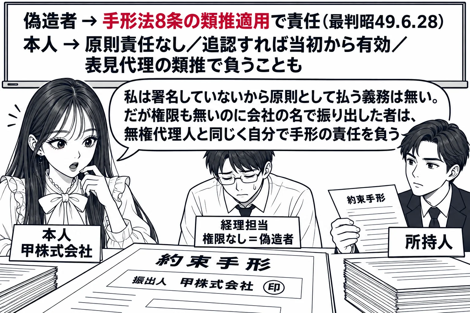 会社の経理室の場面。先生が社長役（札「本人　甲株式会社」）で、机の上の約束手形を見て驚いている。手形の振出人欄「甲株式会社 ㊞」。隣でうつむく男性（札「経理担当　権限なし＝偽造者」）。向かいに手形を持つ男性（札「所持人」）。壁の板書「偽造者