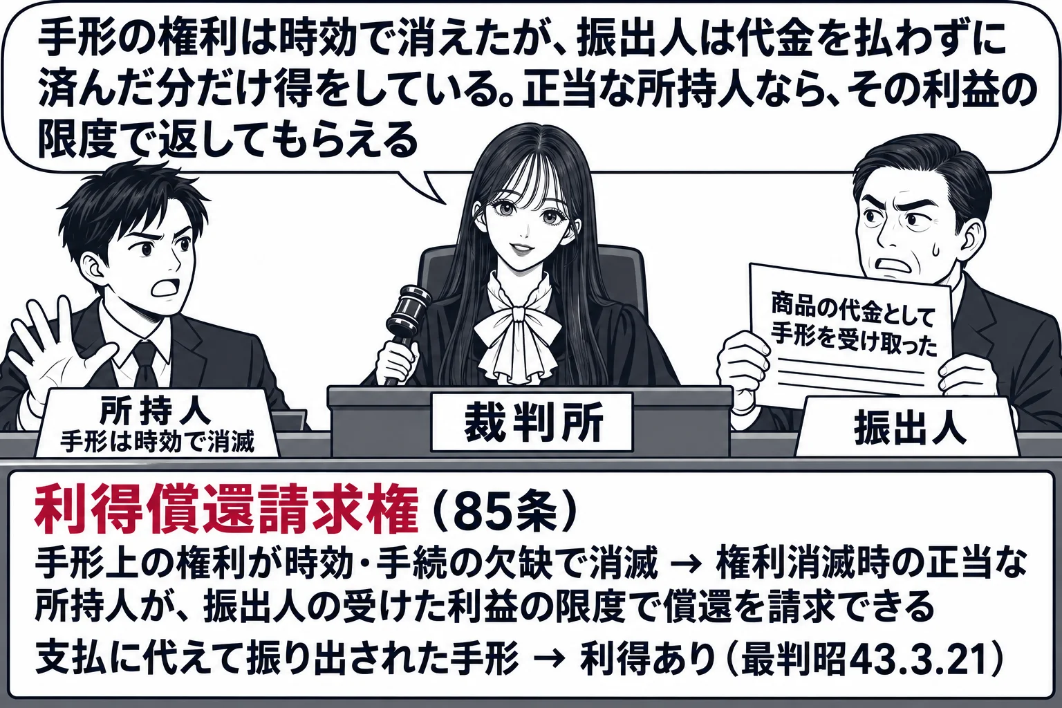 法廷の場面。先生が裁判官役（札「裁判所」）で法壇に座る。原告席に男性（札「所持人　手形は時効で消滅」）、被告席に男性社長（札「振出人」）が「商品の代金として手形を受け取った」と書かれた伝票を持っている。法壇の前の板書「利得償還請求権（85条