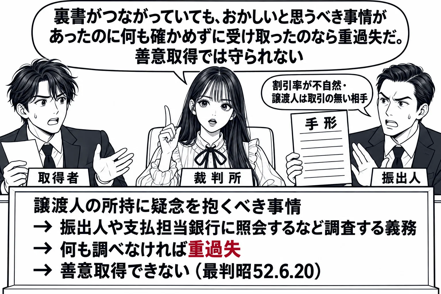 法廷の場面。先生が裁判官役（札「裁判所」）で法壇に座る。原告席に男性（札「取得者」）、被告席に男性社長（札「振出人」）。法壇の前の板書「譲渡人の所持に疑念を抱くべき事情　→ 振出人や支払担当銀行に照会するなど調査する義務　→ 何も調べなけれ
