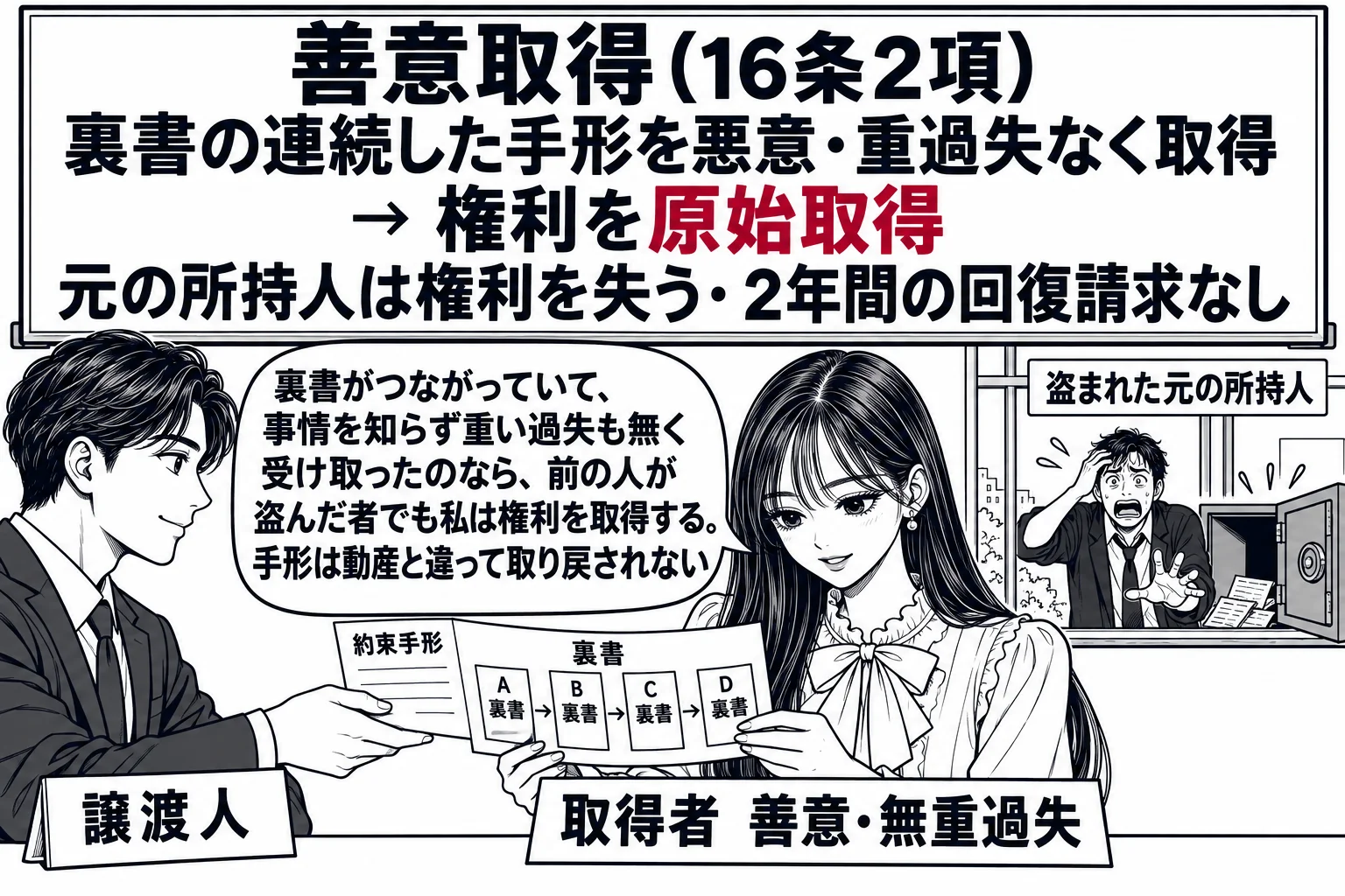 取引先の事務所の場面。先生が手形を受け取る側の役（札「取得者　善意・無重過失」）で、机越しに男性（札「譲渡人」）から裏書された約束手形を受け取り、裏面の裏書の連続を確かめている。その後ろの窓の外に、金庫をこじ開けられて困っている小さな男性（