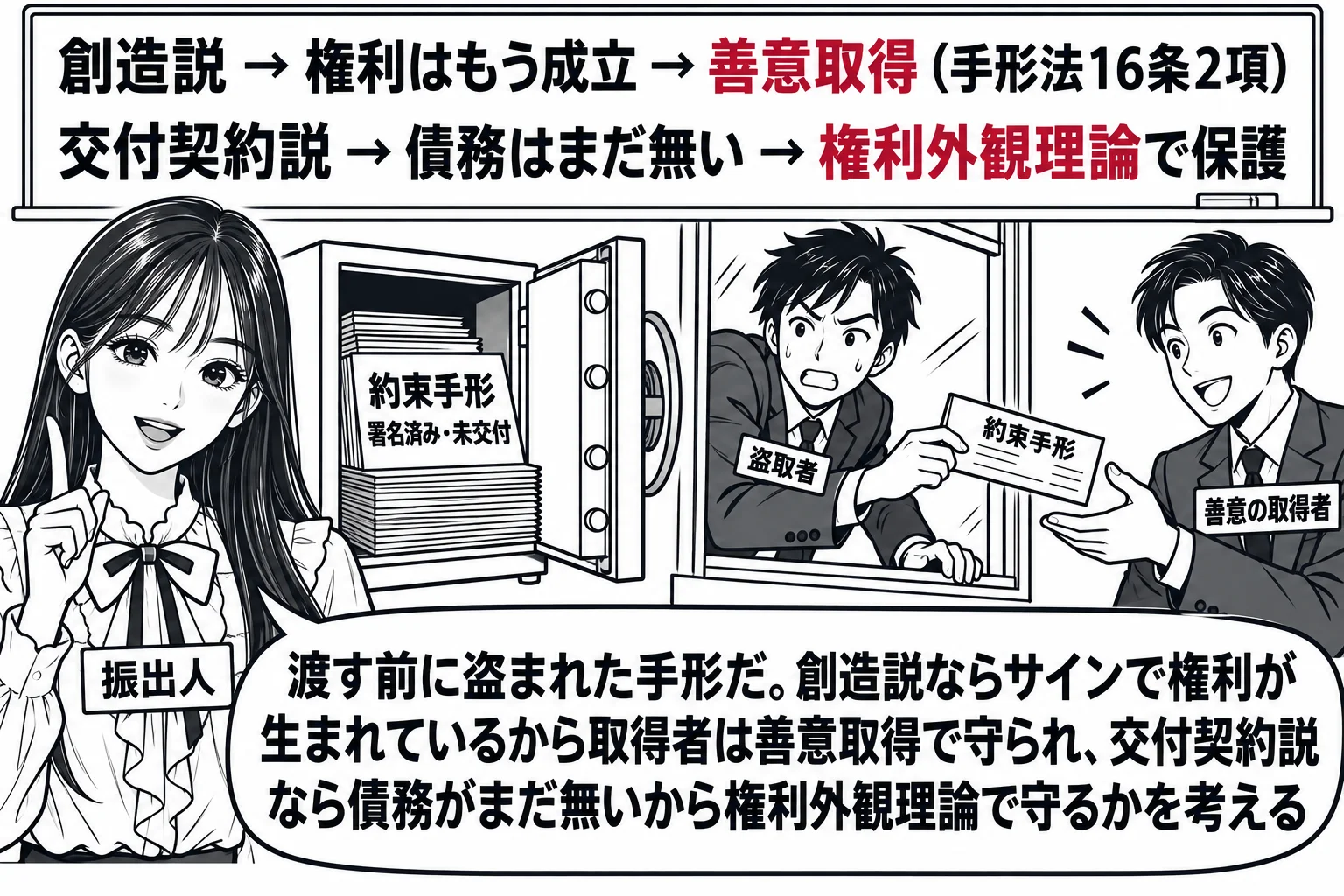 会社の事務室の場面。先生が振出人役（札「振出人」）で、開いたままの金庫の前に立ち、金庫の中に「約束手形　署名済み・未交付」と書かれた手形の束。窓から逃げる男性（札「盗取者」）が手形を1枚持ち、その先で別の男性（札「善意の取得者」）が手形を受