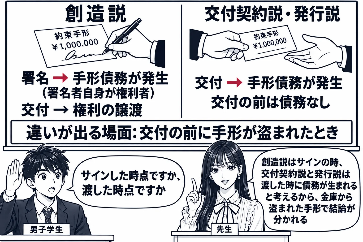 教室の場面。先生が教壇に立ち、黒板を左右に割った板書。左「創造説」の下に、手形にサインする手の絵と「署名 → 手形債務が発生（署名者自身が権利者）」「交付 → 権利の譲渡」。右「交付契約説・発行説」の下に、手形を手渡す二人の手の絵と「交付 