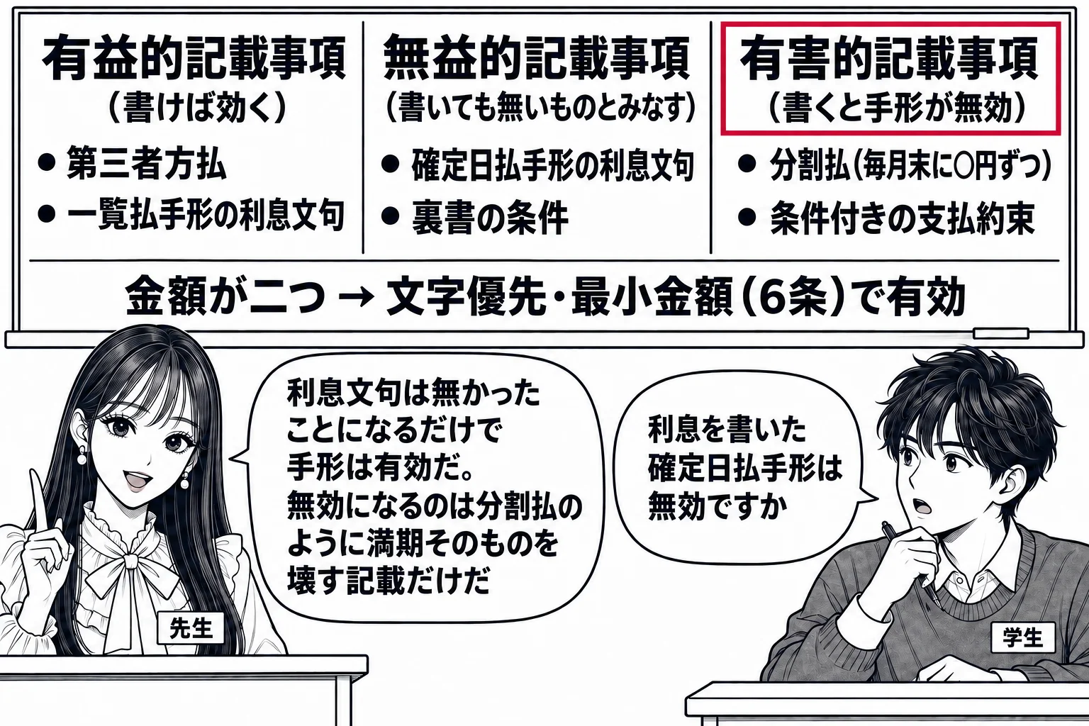 教室の場面。先生が教壇に立ち、黒板に3列の板書。左「有益的記載事項（書けば効く）」に「第三者方払」「一覧払手形の利息文句」。中「無益的記載事項（書いても無いものとみなす）」に「確定日払手形の利息文句」「裏書の条件」。右「有害的記載事項（書く