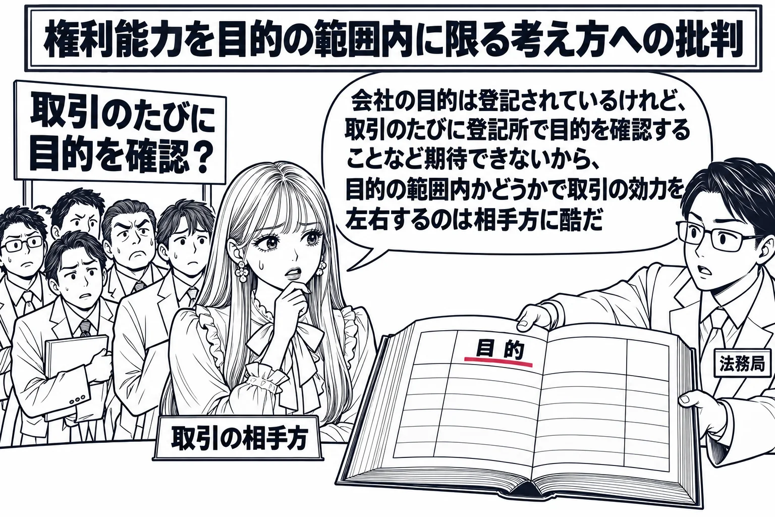 法務局の窓口の場面。先生が取引先の担当者役（札「取引の相手方」）で、分厚い登記簿のファイルを前に困った顔で立ち、窓口の男性職員（札「法務局」）がファイルを差し出している。先生の背後に長い行列の男性たちと札「取引のたびに目的を確認？」。登記簿