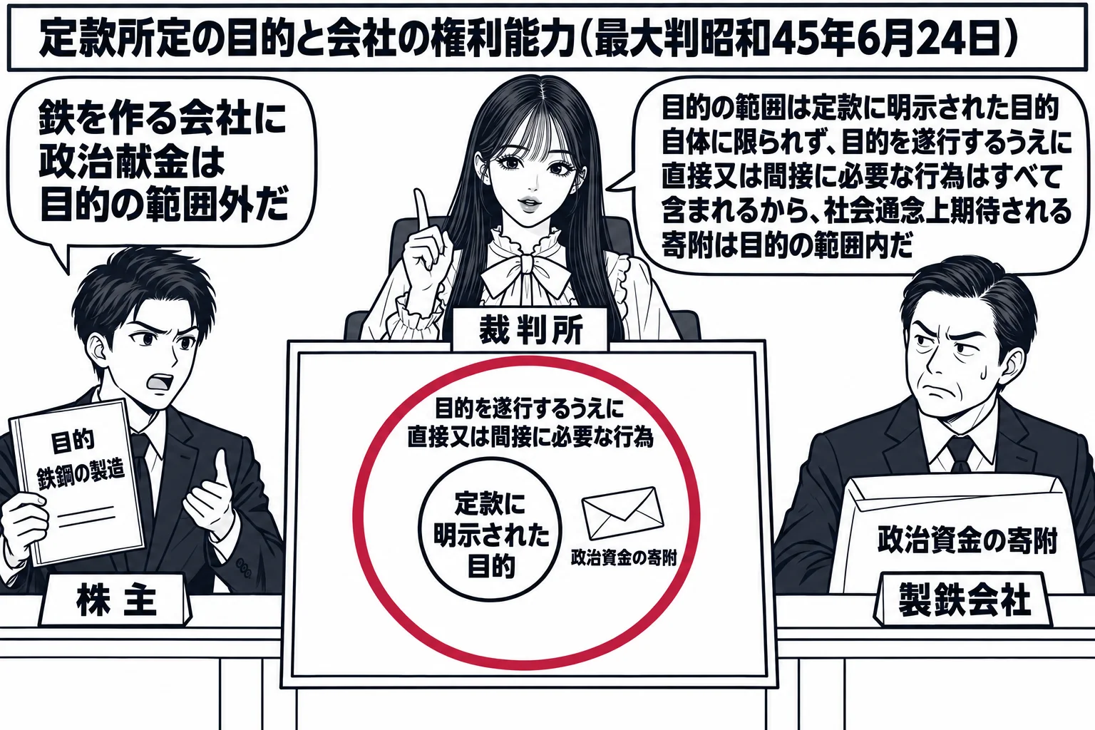法廷の場面。先生が裁判官役（札「裁判所」）で法壇に座る。原告席に株主の男性（札「株主」）が定款を掲げて立ち、定款の表紙に「目的　鉄鋼の製造」と書かれている。被告席に会社の代表者の男性（札「製鉄会社」）が立ち、その前の机に「政治資金の寄附」と