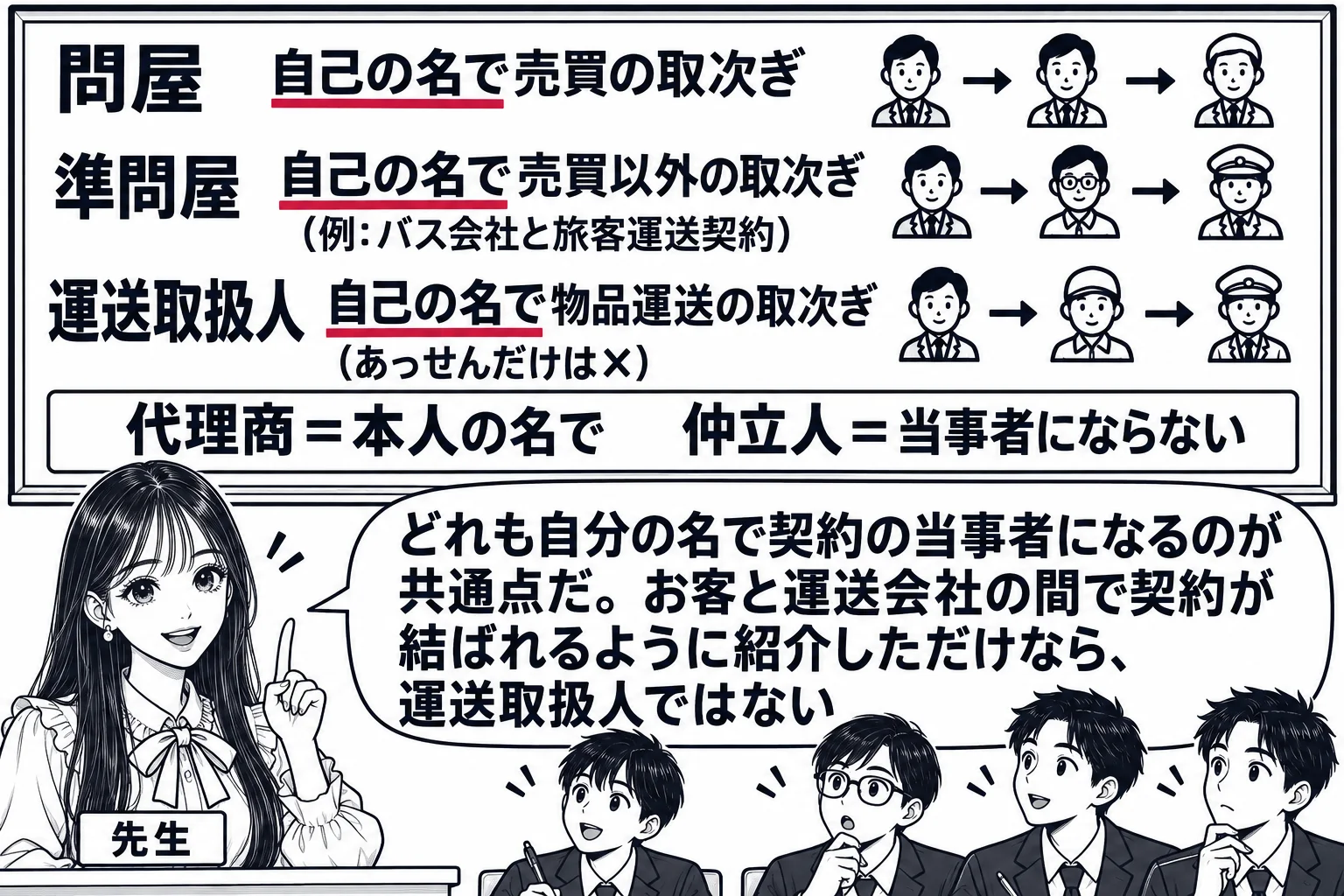 教室の板書の場面。先生（札「先生」）が黒板の前に立ち、黒板に3人の人物の簡単な図と矢印。「問屋　自己の名で売買の取次ぎ」「準問屋　自己の名で売買以外の取次ぎ（例: バス会社と旅客運送契約）」「運送取扱人　自己の名で物品運送の取次ぎ（あっせん