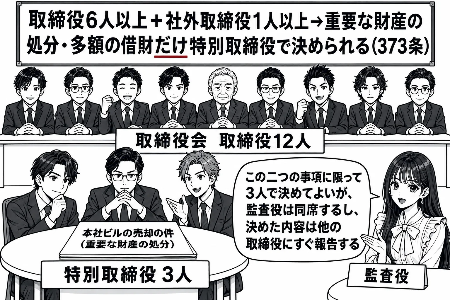 大きな会議室の場面。奥の長い机に男性取締役が9人座り、札「取締役会　取締役12人」。手前の小さな丸い机に3人の取締役が座り、札「特別取締役　3人」、机の上に書類「本社ビルの売却の件（重要な財産の処分）」。先生が小さな机の脇に監査役役（札「監