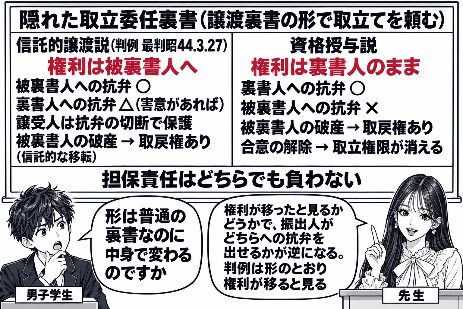 教室の場面。先生が教壇に立ち、黒板を左右に割った板書。見出し「隠れた取立委任裏書（譲渡裏書の形で取立てを頼む）」。左「信託的譲渡説（判例 最判昭44.3.27）　権利は被裏書人へ」の下に「被裏書人への抗弁 ○　裏書人への抗弁 △（害意があれ