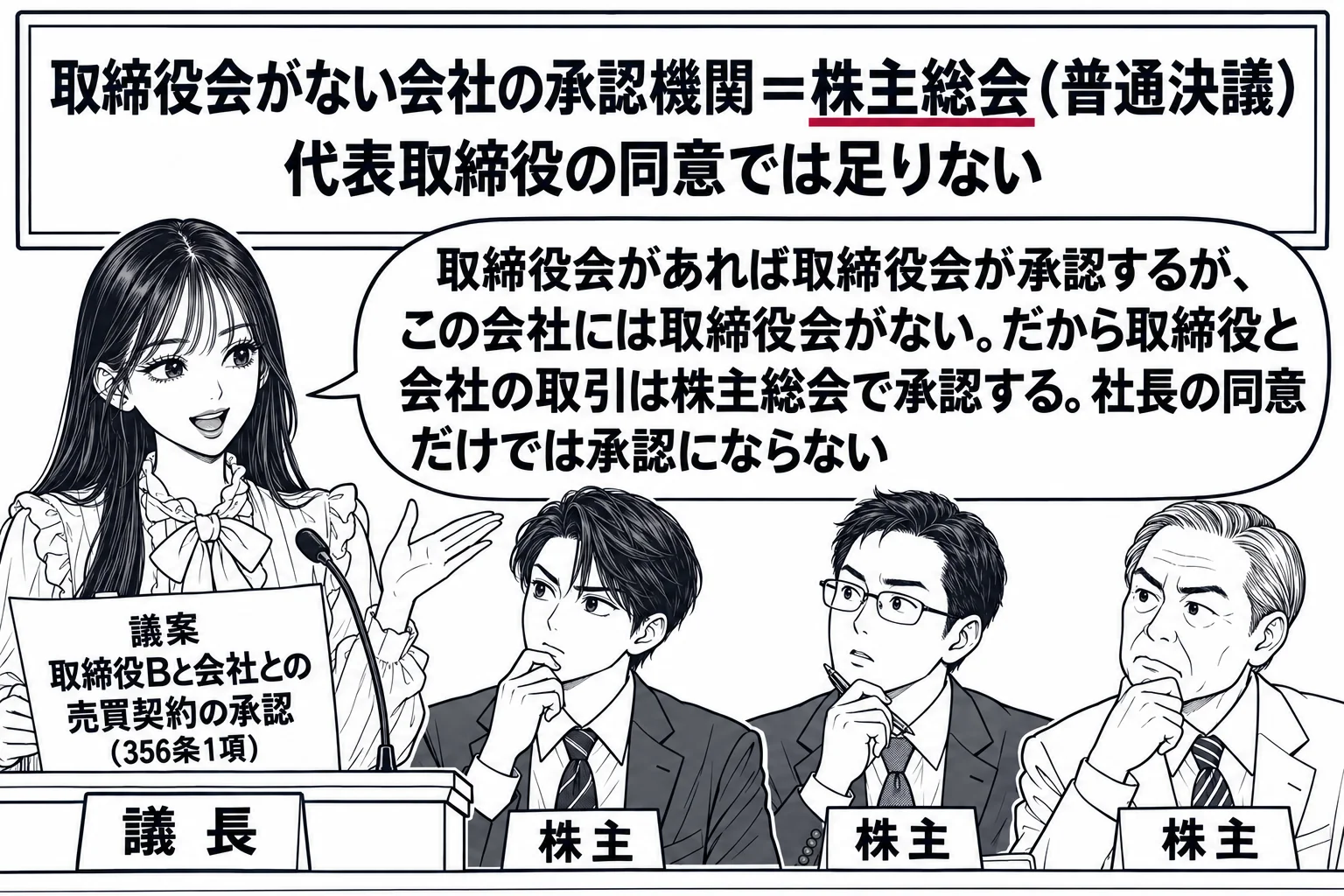 株主総会の会場の場面。先生が議長役（札「議長」）で演台に立ち、演台に書類「議案　取締役Bと会社との売買契約の承認（356条1項）」。客席に男性株主が3人。壁の板書「取締役会がない会社の承認機関＝株主総会（普通決議）」「代表取締役の同意では足