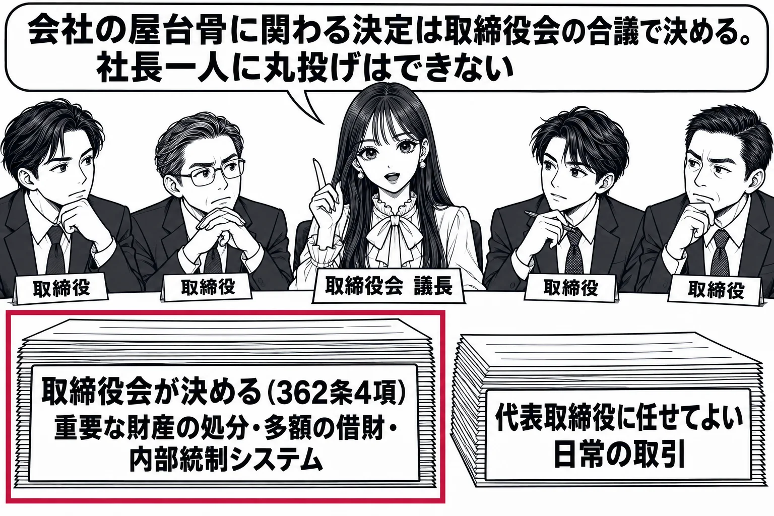 取締役会の会議室の場面。先生が議長役（札「取締役会　議長」）で机の上座に立ち、机に男性取締役が4人座る。先生の前に2つの書類の山。左の山に札「取締役会が決める（362条4項）　重要な財産の処分・多額の借財・内部統制システム」、右の山に札「代