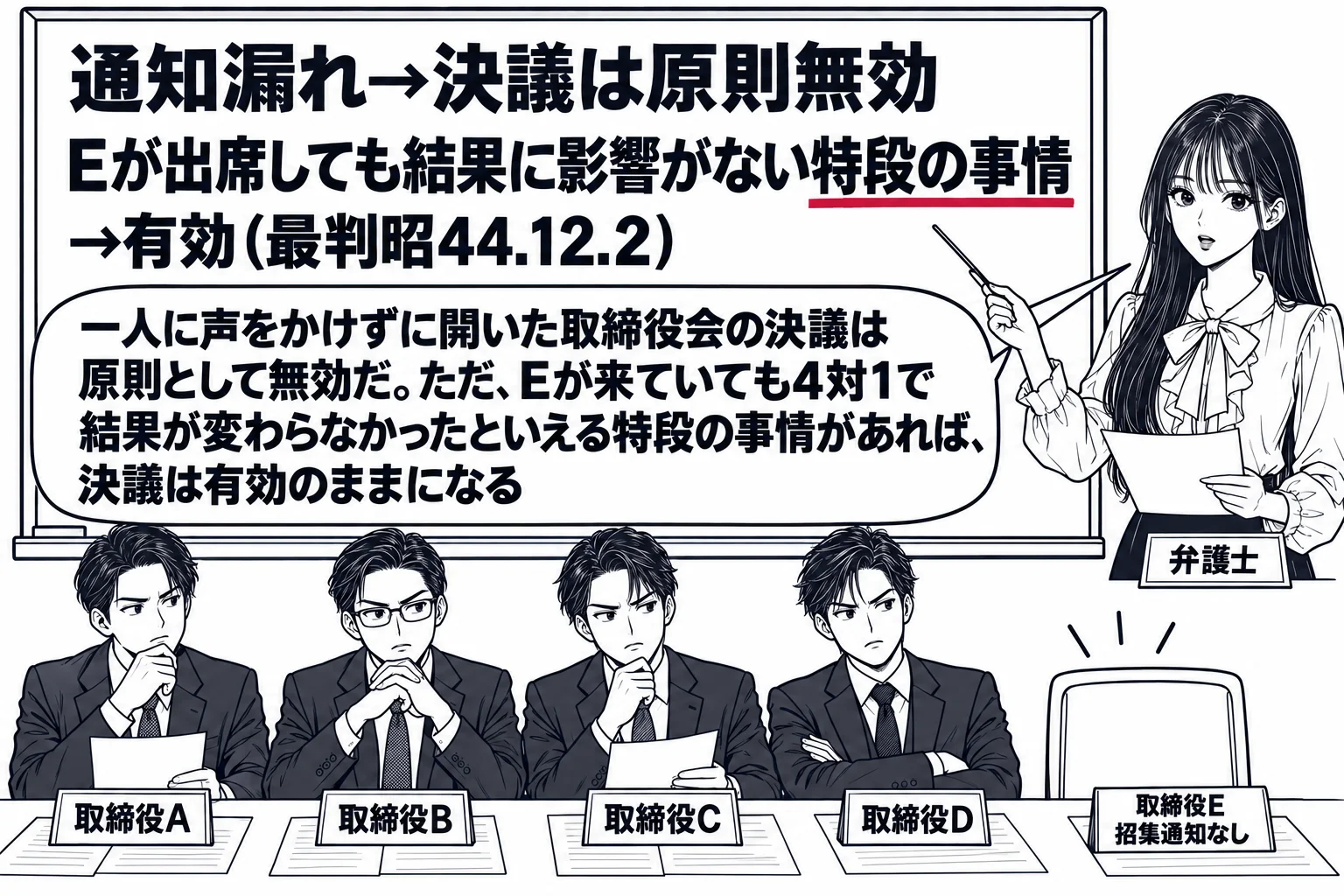取締役会の会議室の場面。長い机に男性取締役が4人座り、空席が1つあって札「取締役E　招集通知なし」。先生が弁護士役（札「弁護士」）で壁の前に立ち、板書「通知漏れ→決議は原則無効」「Eが出席しても結果に影響がない特段の事情→有効（最判昭44.