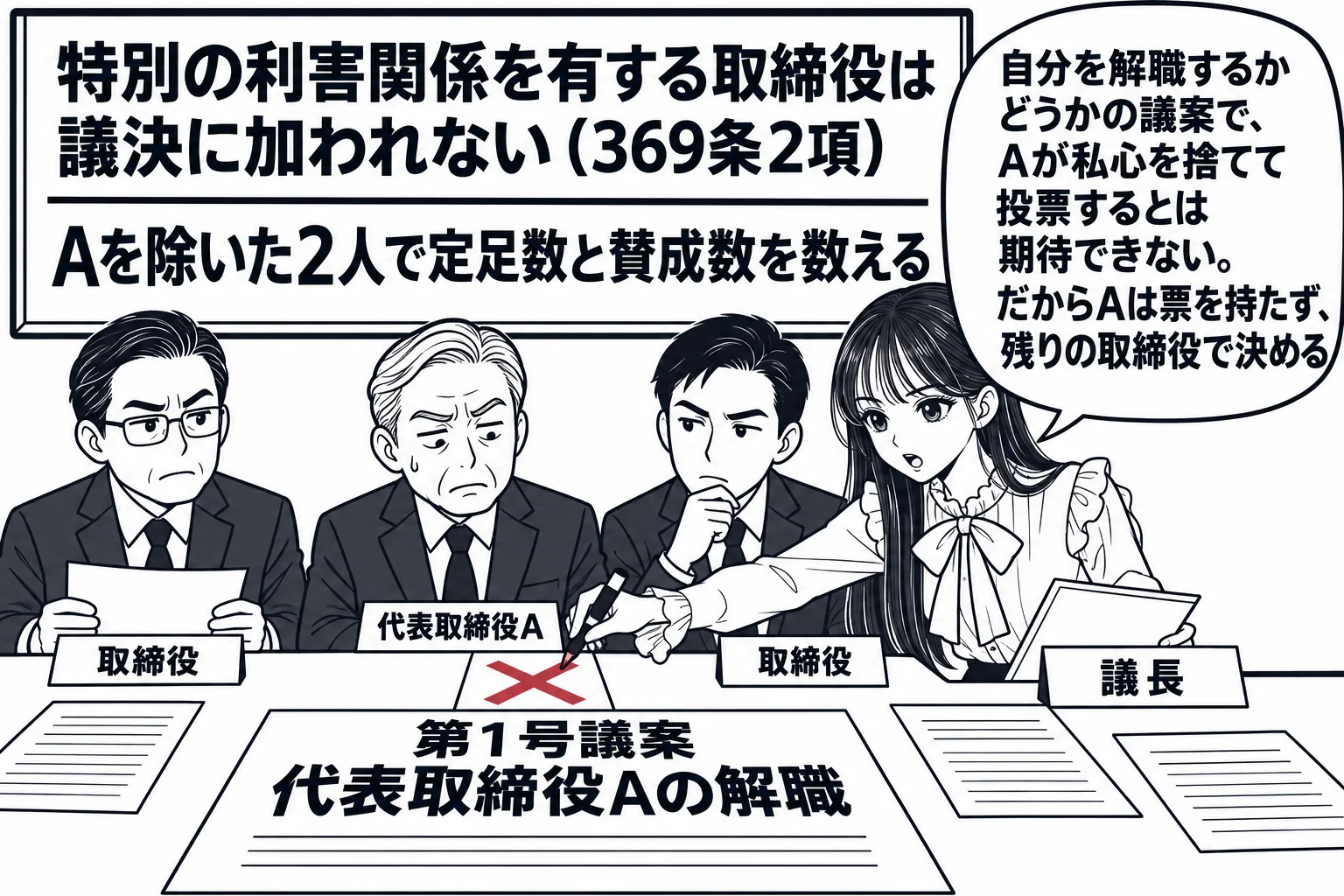 取締役会の会議室の場面。長い机に男性取締役が3人座り、1人は札「代表取締役A」、机の上に議案の紙「第1号議案　代表取締役Aの解職」。先生が議長役（札「議長」）で立ち、Aの前の投票札に深紅の×印を付けている。壁の板書「特別の利害関係を有する取