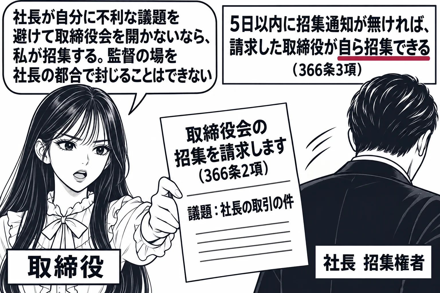 会社の廊下の場面。男性社長（札「社長　招集権者」）が背を向けて歩き去る。先生が平取締役役（札「取締役」）で社長の背中に書類「取締役会の招集を請求します（366条2項）　議題：社長の取引の件」を差し出している。壁の掲示「5日以内に招集通知が無