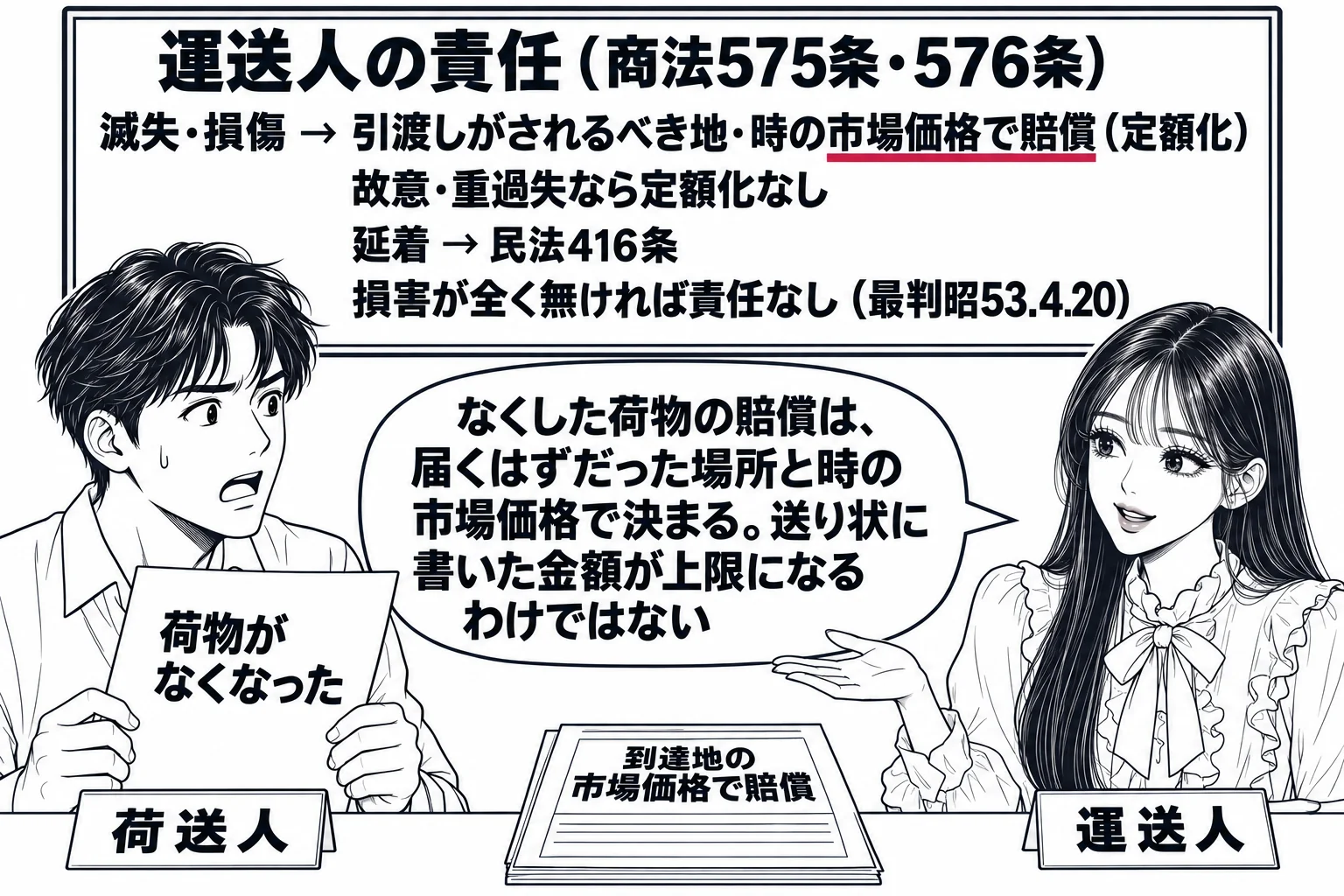 運送会社の営業所の窓口の場面。先生が運送会社の係員役（札「運送人」）で窓口に座り、机の上に荷物の伝票「到達地の市場価格で賠償」。向かいに男性の荷主（札「荷送人」）が「荷物がなくなった」と書いた紙を持つ。壁の板書「運送人の責任（商法575条・