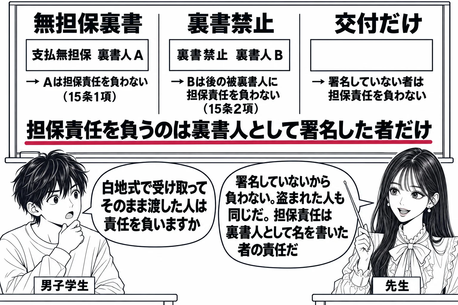 教室の場面。先生が教壇に立ち、黒板に裏書欄を3つ並べた板書。左「無担保裏書」に「支払無担保　裏書人 A」と「→ Aは担保責任を負わない（15条1項）」。中「裏書禁止」に「裏書禁止　裏書人 B」と「→ Bは後の被裏書人に担保責任を負わない（1