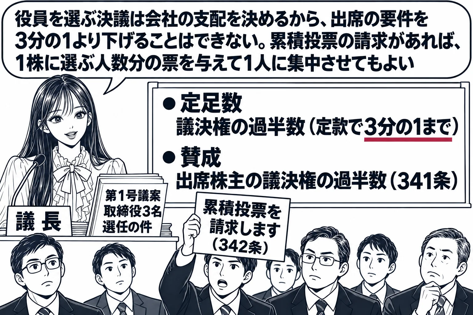 株主総会の会場の場面。先生が議長役（札「議長」）で演台に立ち、演台に書類「第1号議案　取締役3名選任の件」。客席に男性株主が並び、前列の株主が手を挙げて持つ札「累積投票を請求します（342条）」。壁の板書「定足数　議決権の過半数（定款で3分